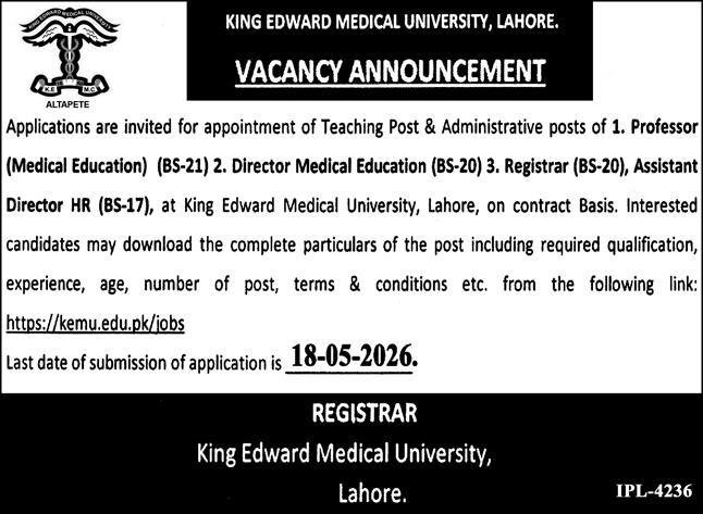 King Edward Medical University Jobs in Lahore May 2026 Apply Now