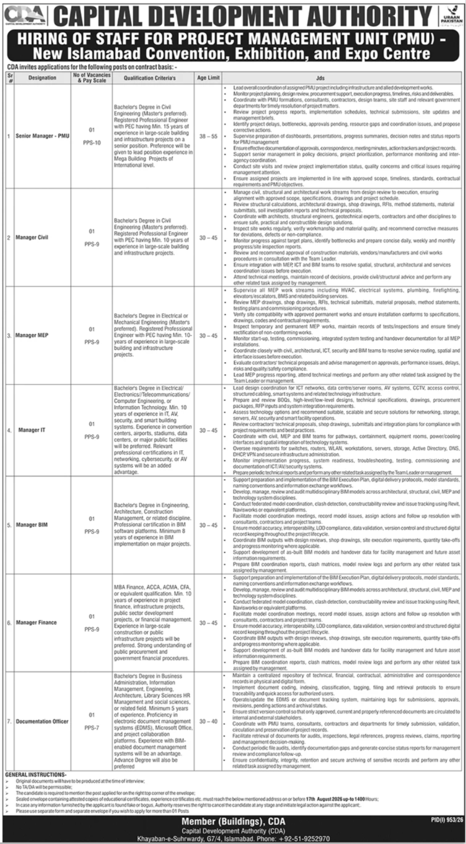 Latest Capital Development Authority CDA Jobs in Islamabad August 2026