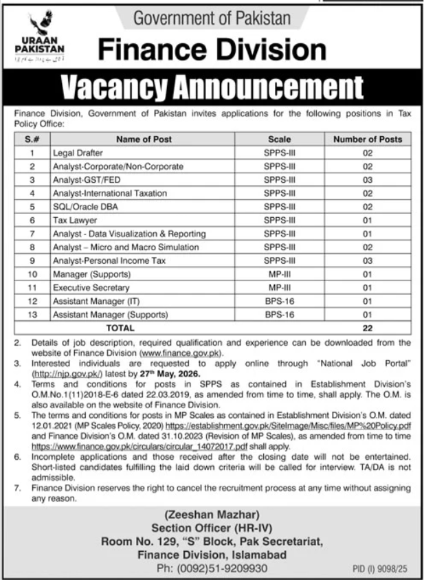 Latest Finance Division Jobs in Pakistan May 2026