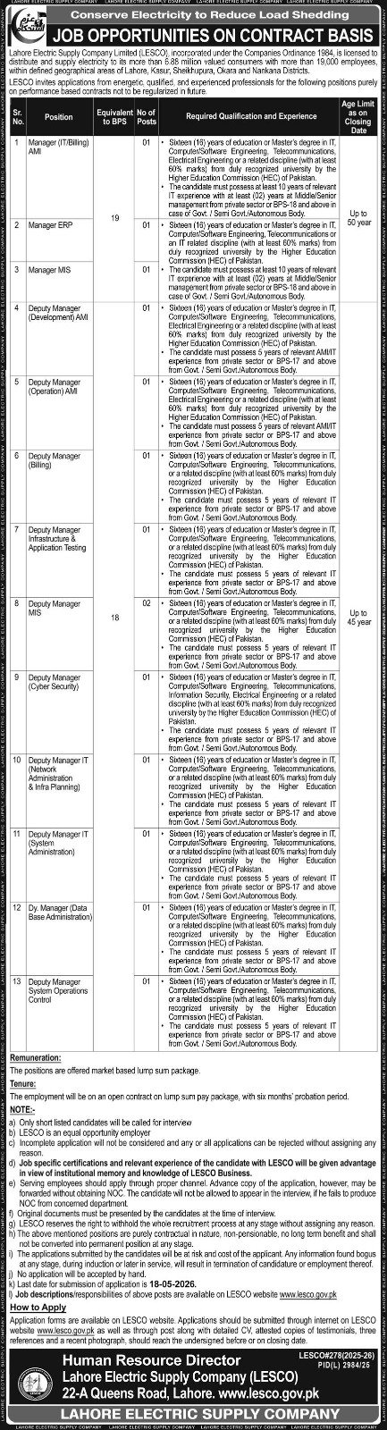 Latest LESCO Jobs in Punjab May 2026 - Lahore Electric Supply Company Jobs