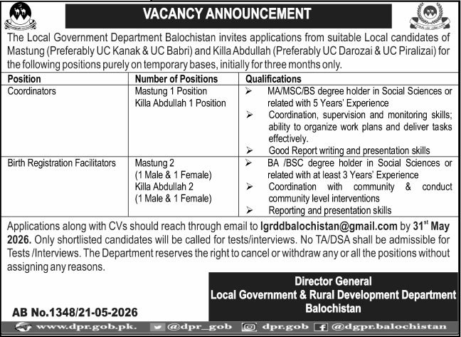 Local Govt Department Jobs in Balochistan May 2026