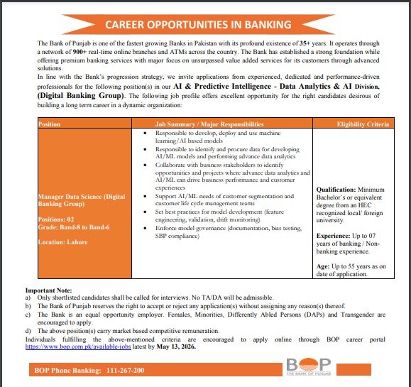 Manager Jobs in Lahore May 2026 Apply Online at The Bank of Punjab
