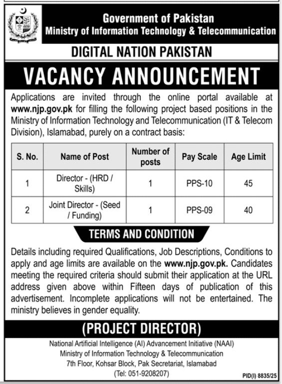 New Ministry of Information Technology and Telecommunication Jobs in Pakistan May 2026