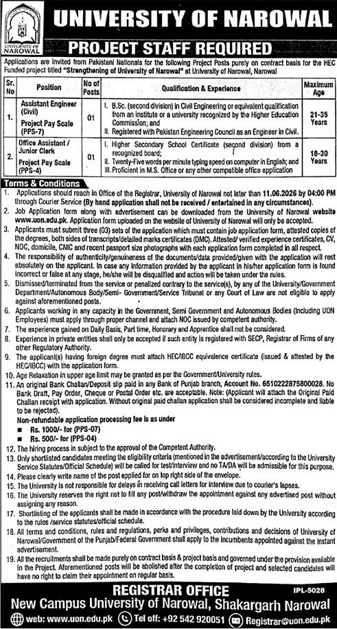 New University of Narowal Jobs May 2026