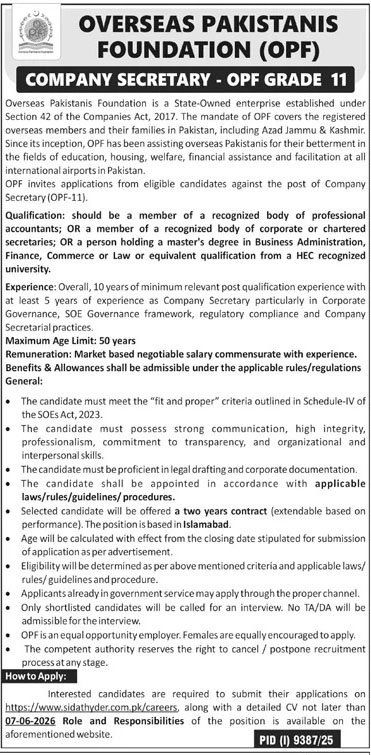 Overseas Pakistanis Foundation OPF Jobs in Pakistan May 2026