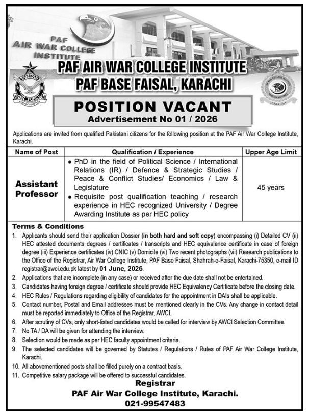 PAF Air War College Institute Jobs in Karachi May 2026
