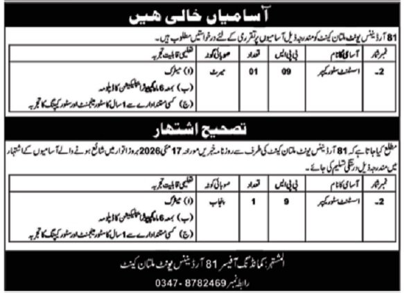 Pak Army 81 Ordnance Unit Jobs in Multan Cantt May 2026