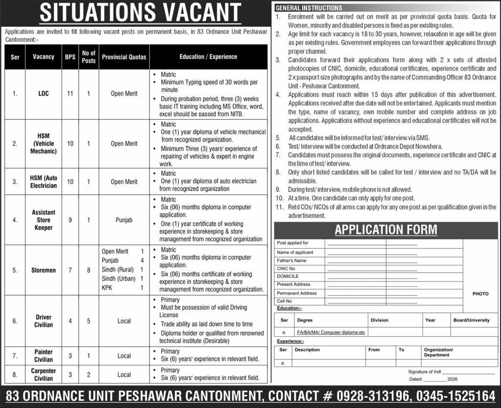 Pak Army 83 Ordnance Unit Jobs in Peshawar Cantt June 2026 Application Form
