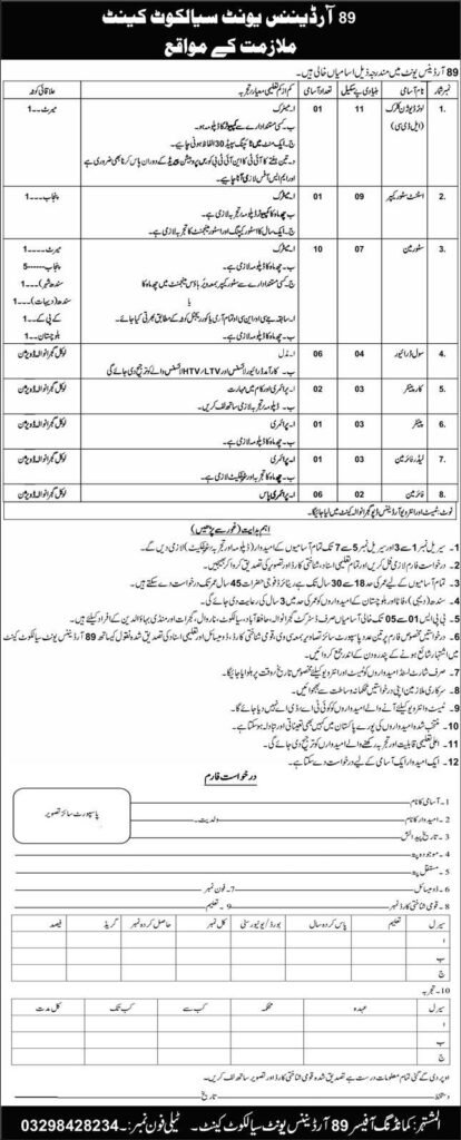 Pak Army 89 Ordnance Unit Jobs in Sialkot Cantt May 2026