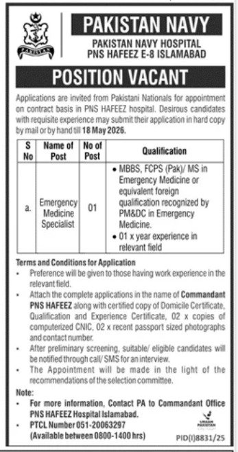 Pak Navy Hospital Jobs in Islamabad May 2026
