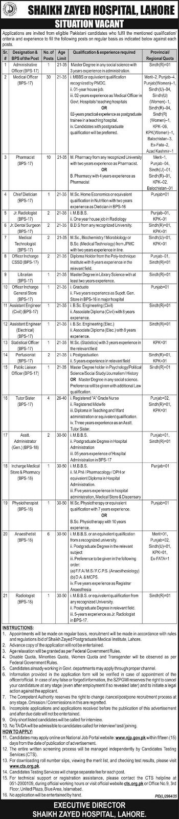 Shaikh Zayed Hospital Jobs in Lahore May 2026 Advertisement