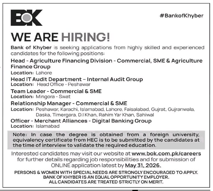 Today Bank of Khyber Jobs in Pakistan May 2026 Apply Now
