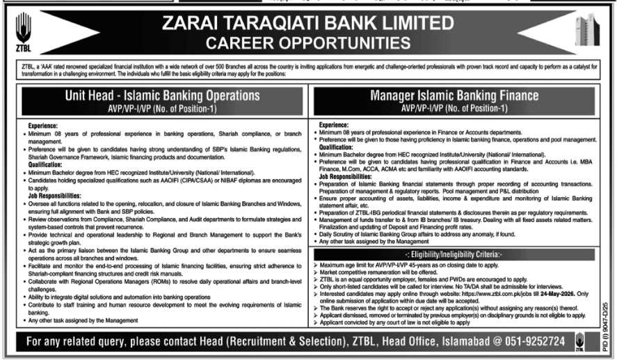 Today ZTBL Jobs in Pakistan May 2026 Advertisement