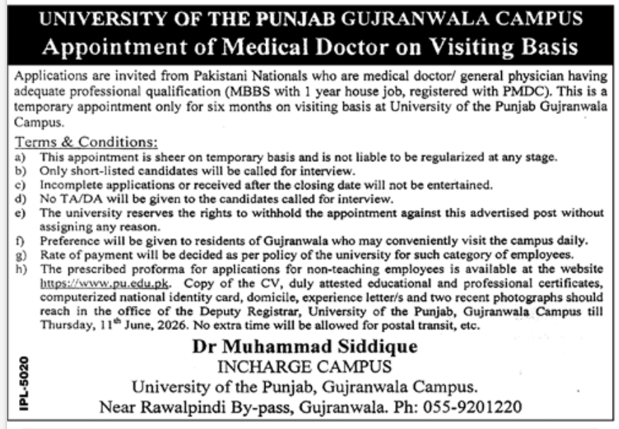 University of Punjab Jobs in Gujranwala Campus May 2026