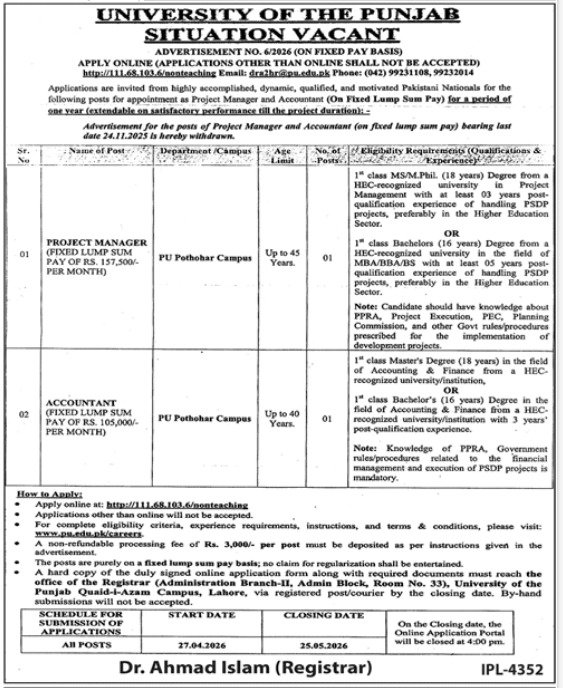 University of Punjab Situation Vacant May 2026 Apply Online