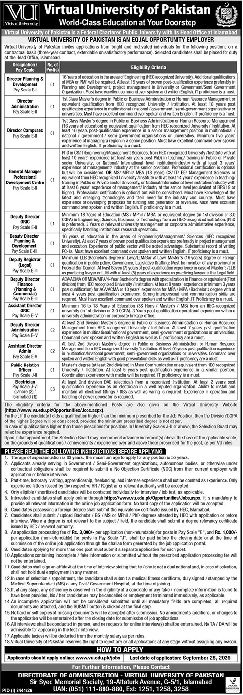 Virtual University Of Pakistan Jobs September 2026