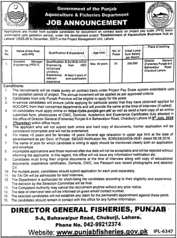 Aquaculture & Fisheries Department jobs in Punjab June 2026