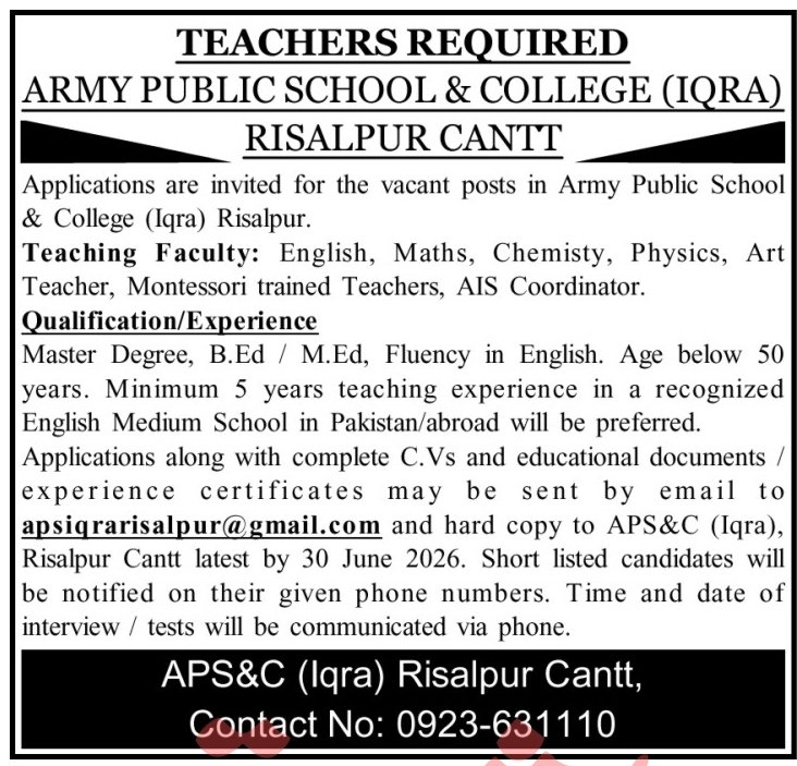 Army Public School & College Iqra Risalpur Cantt Jobs June 2026