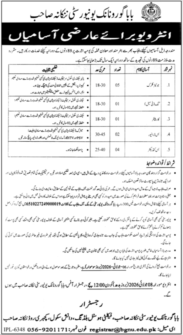 Baba Guru Nanak University Jobs in Nankana Sahib June 2026