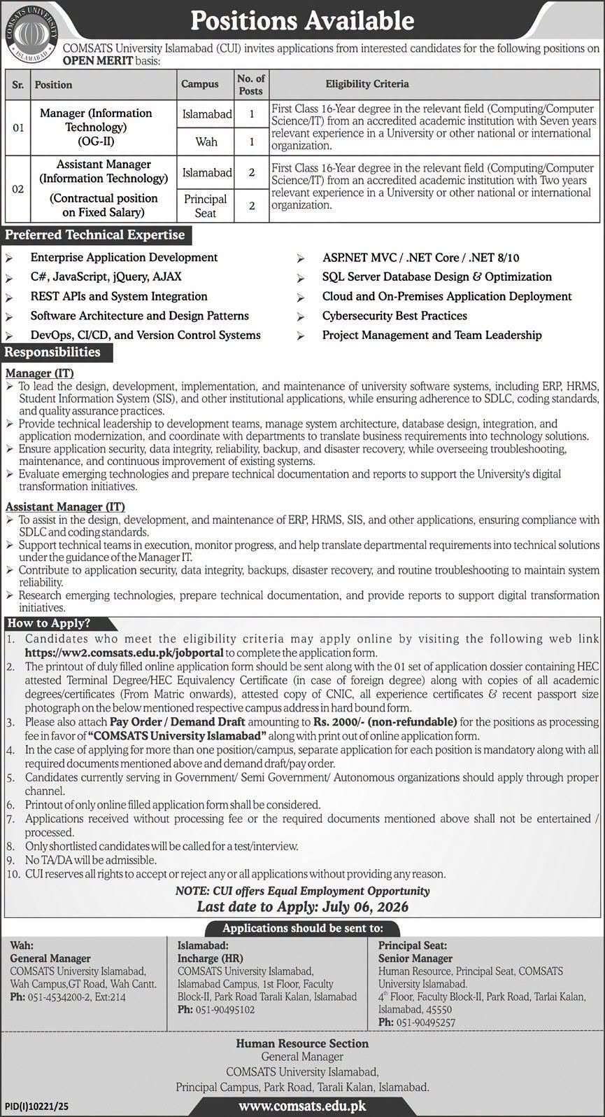 COMSATS University Jobs in Islamabad June 2026