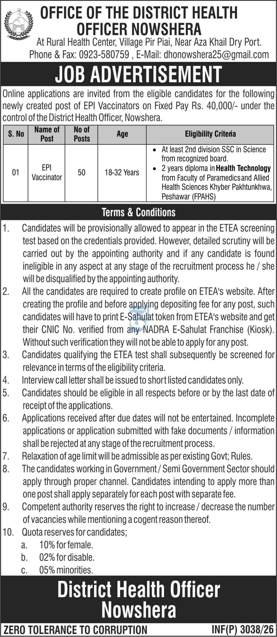 EPI Vaccinator Jobs in Office Of District Health Officer Nowshera June 2026