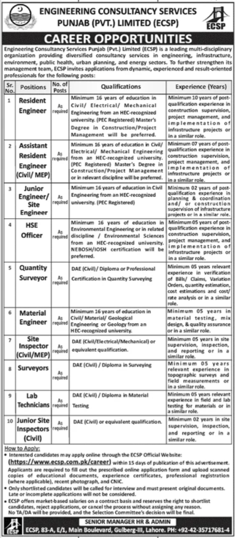 Engineering Consultancy Services Punjab ECSP Jobs June 2026