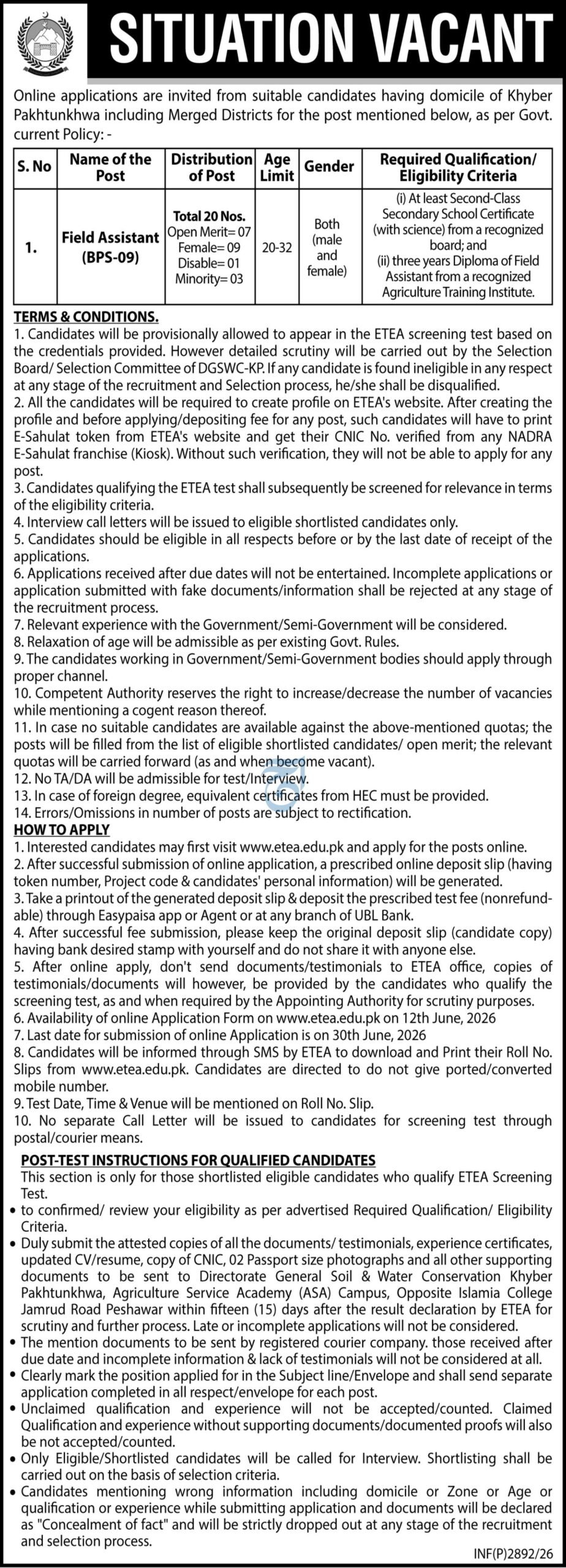 Field Assistant Jobs in Directorate General Soil & Water Conservation KPK June 2026