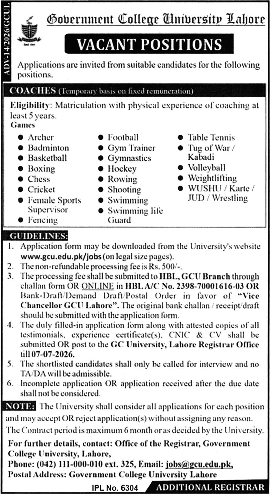 Government College University Lahore GCUL Jobs June 2026