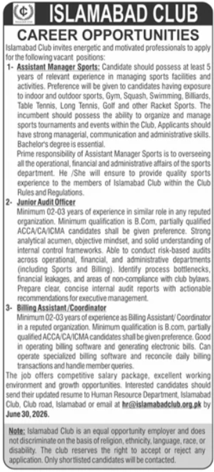 Islamabad Club Jobs June 2026