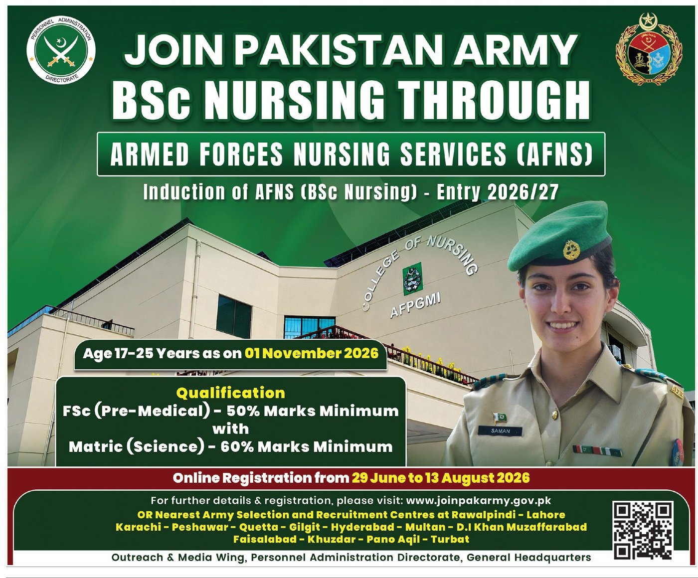 Join Pakistan Army BSc Nursing Through Armed Forces Nursing Services AFNS July 2026