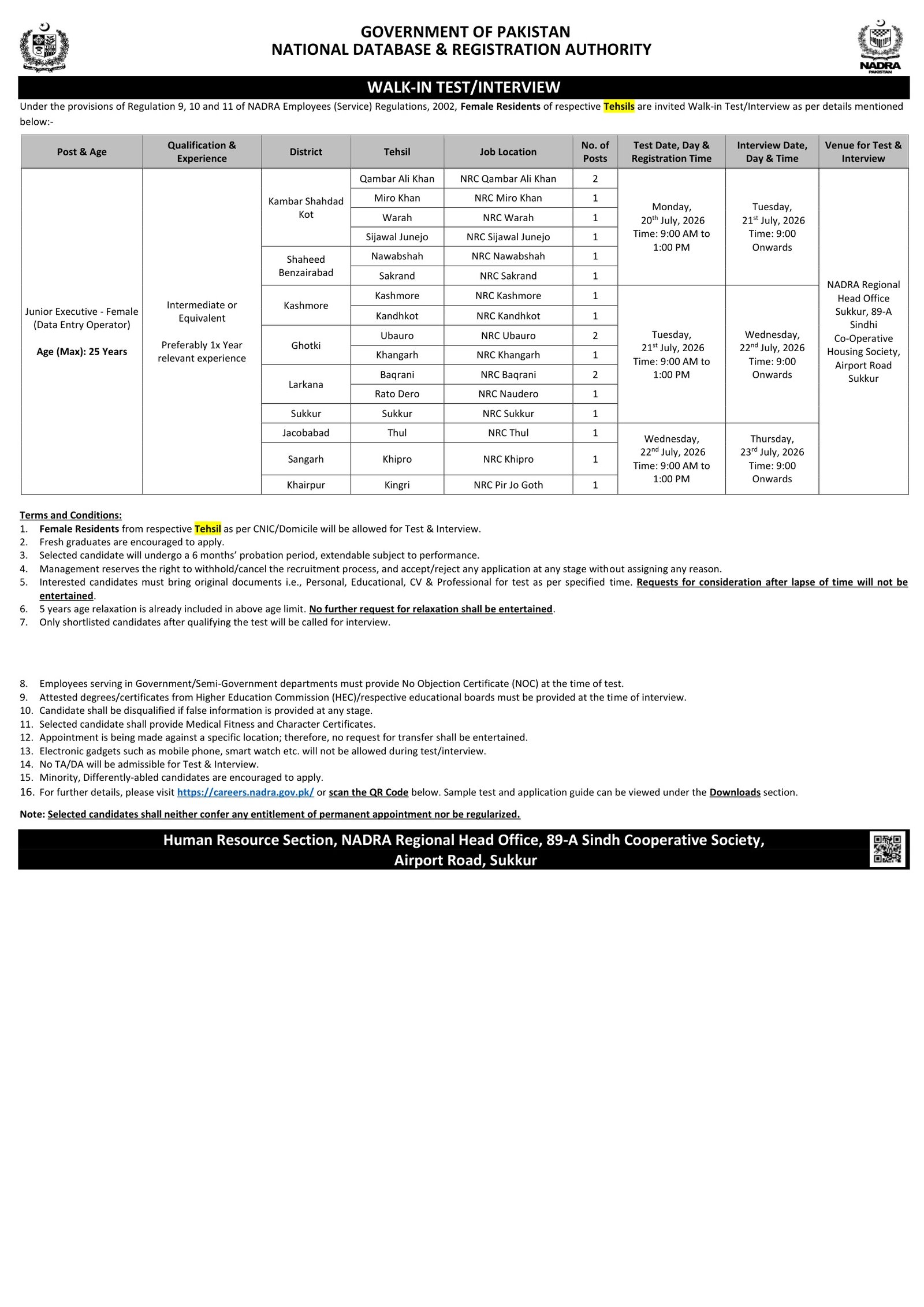 Junior Executive - Female (Data Entry Operator) - Sukkur Region (Contractual)