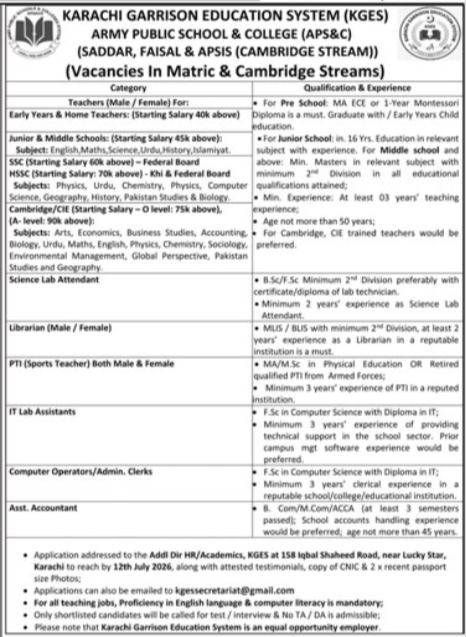 Karachi Garrison Education System KGES Jobs 2026
