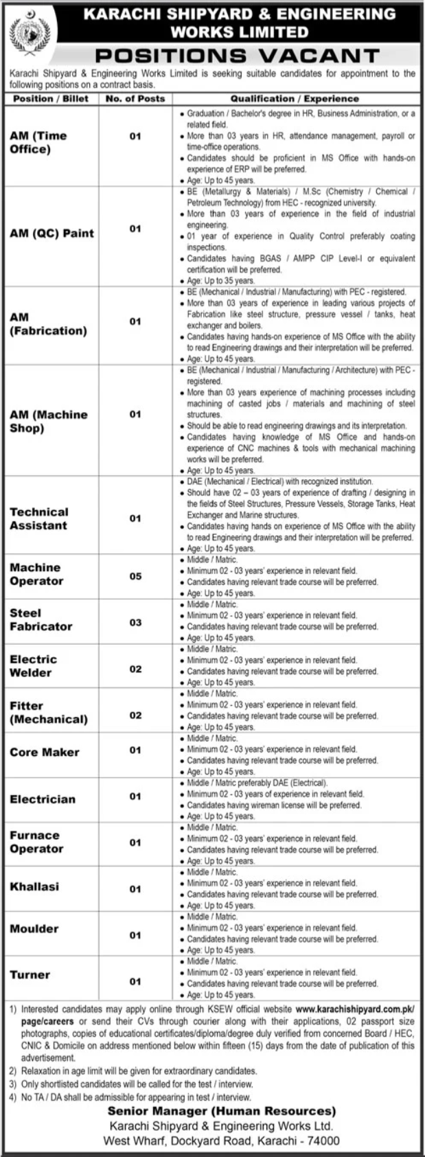 Karachi Shipyard and Engineering Works Limited Jobs 2026
