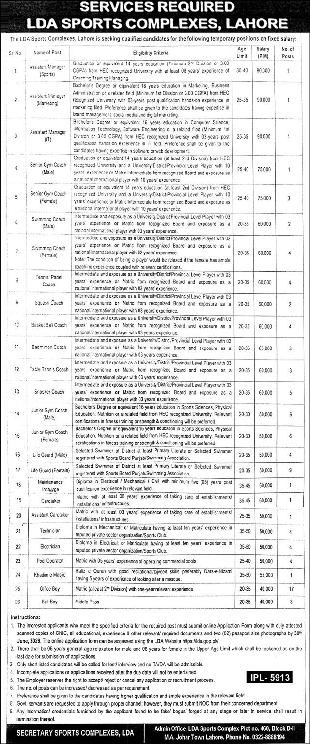 LDA Sports Complex Jobs in Lahore June 2026