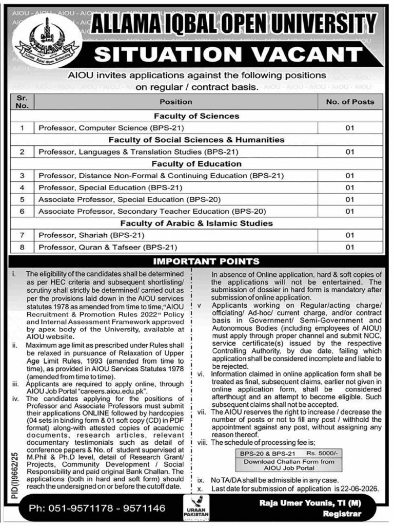 Latest AIOU Jobs in Pakistan June 2026 Apply Online - Allama Iqbal Open University Jobs