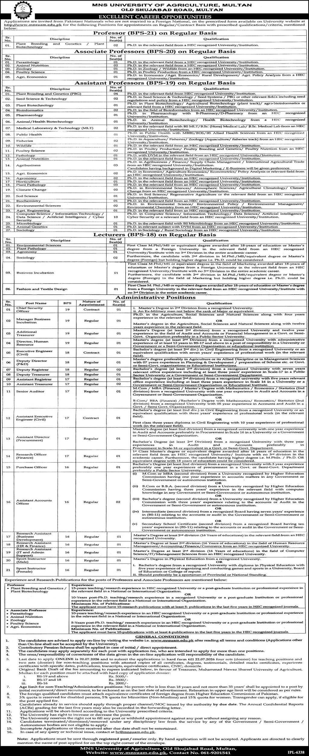 MNS University Of Agriculture Jobs in Multan June 2026