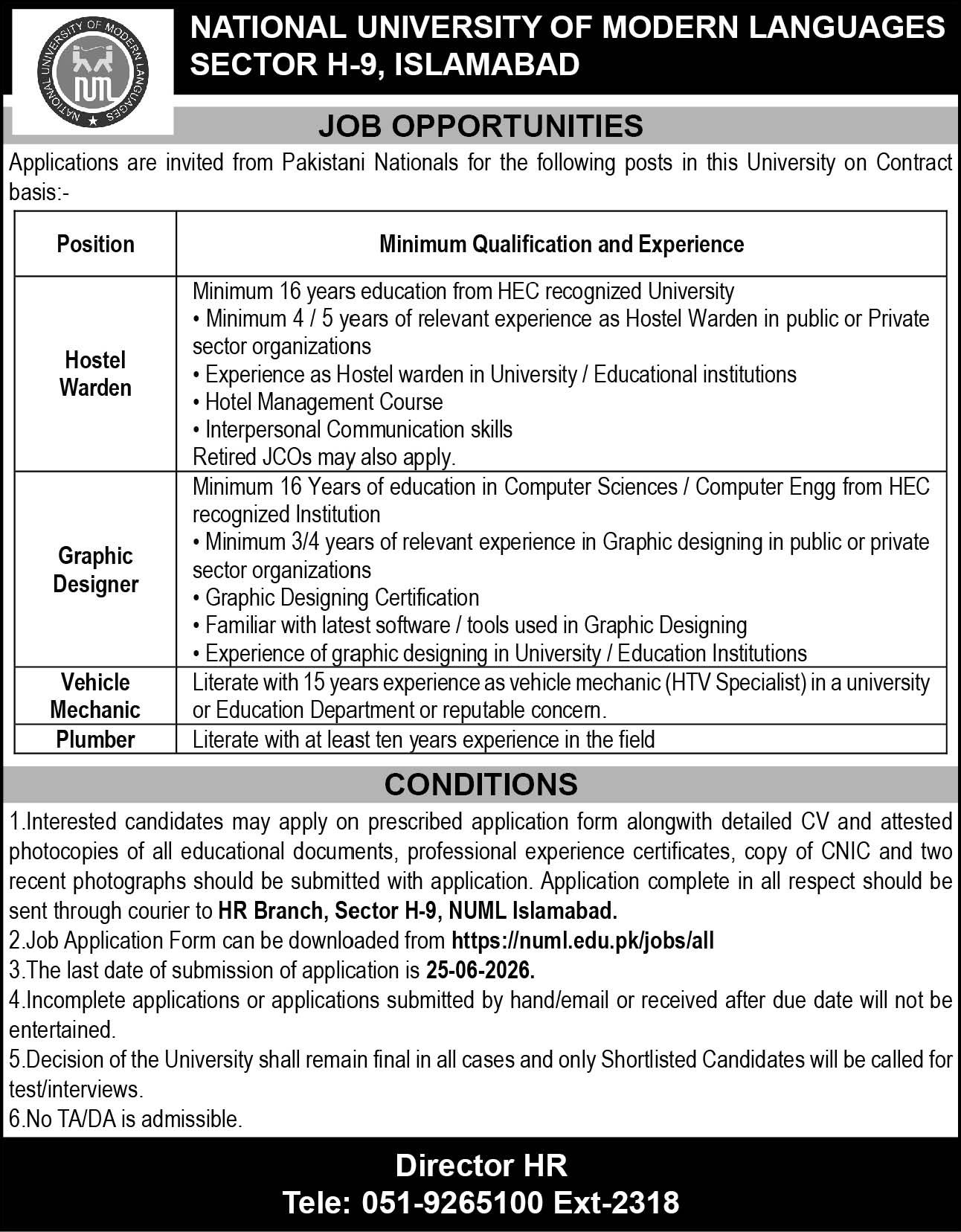 National University Of Modern Languages NUML Jobs in Islamabad June 2026