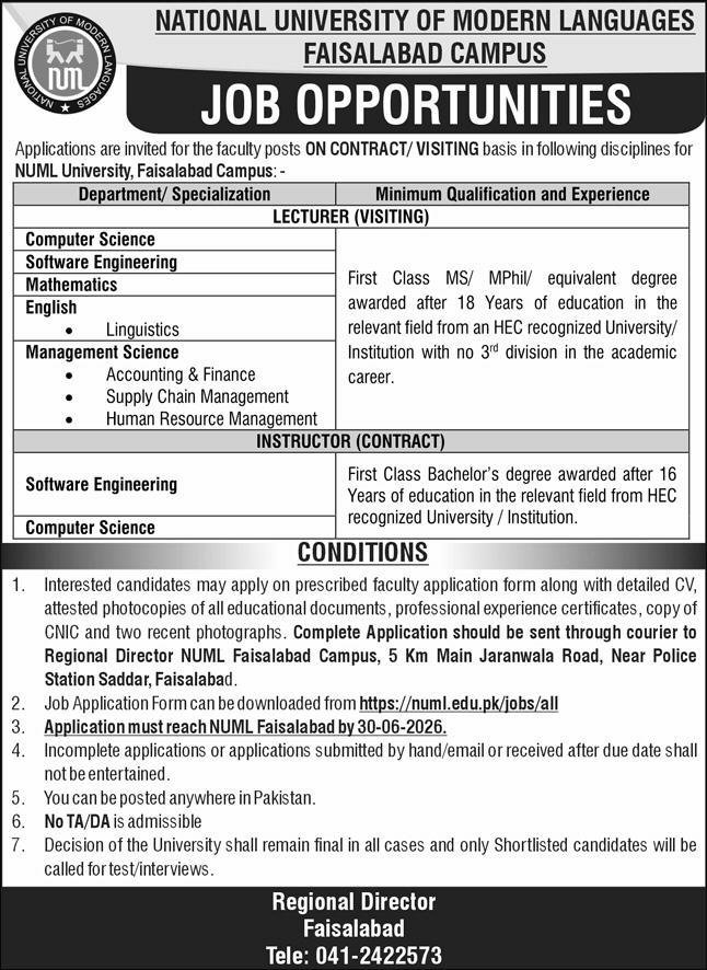 NUML University Jobs in Faisalabad Campus June 2026