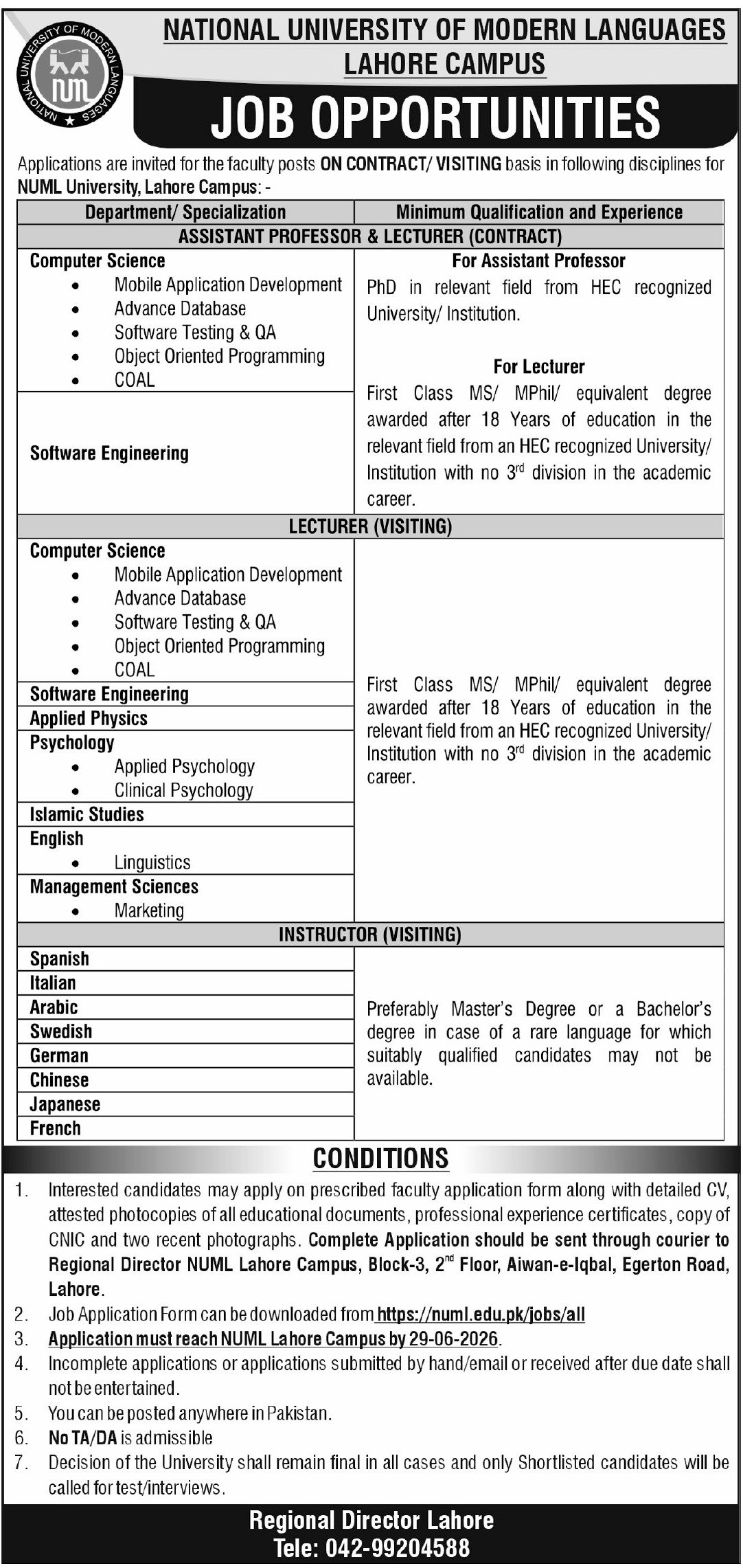 NUML University Jobs in Lahore June 2026