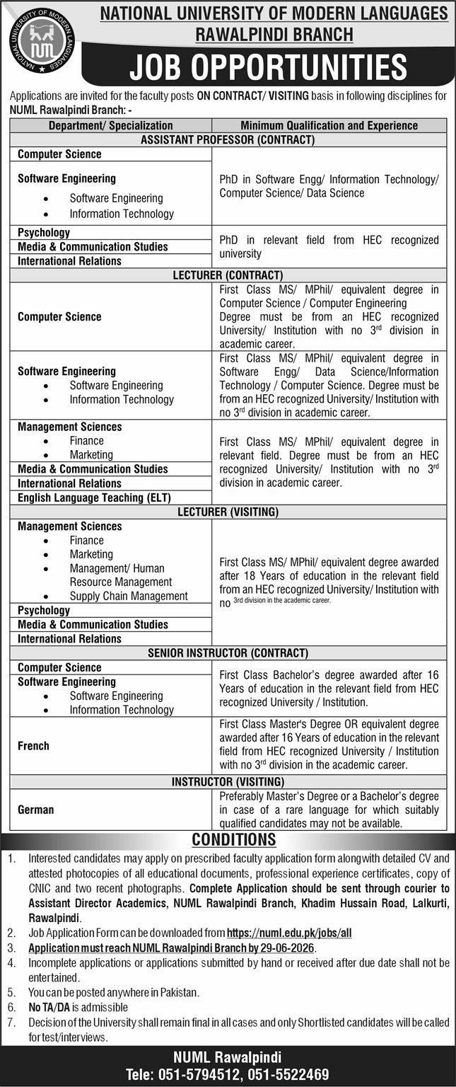 NUML University Jobs in Rawalpindi Branch June 2026