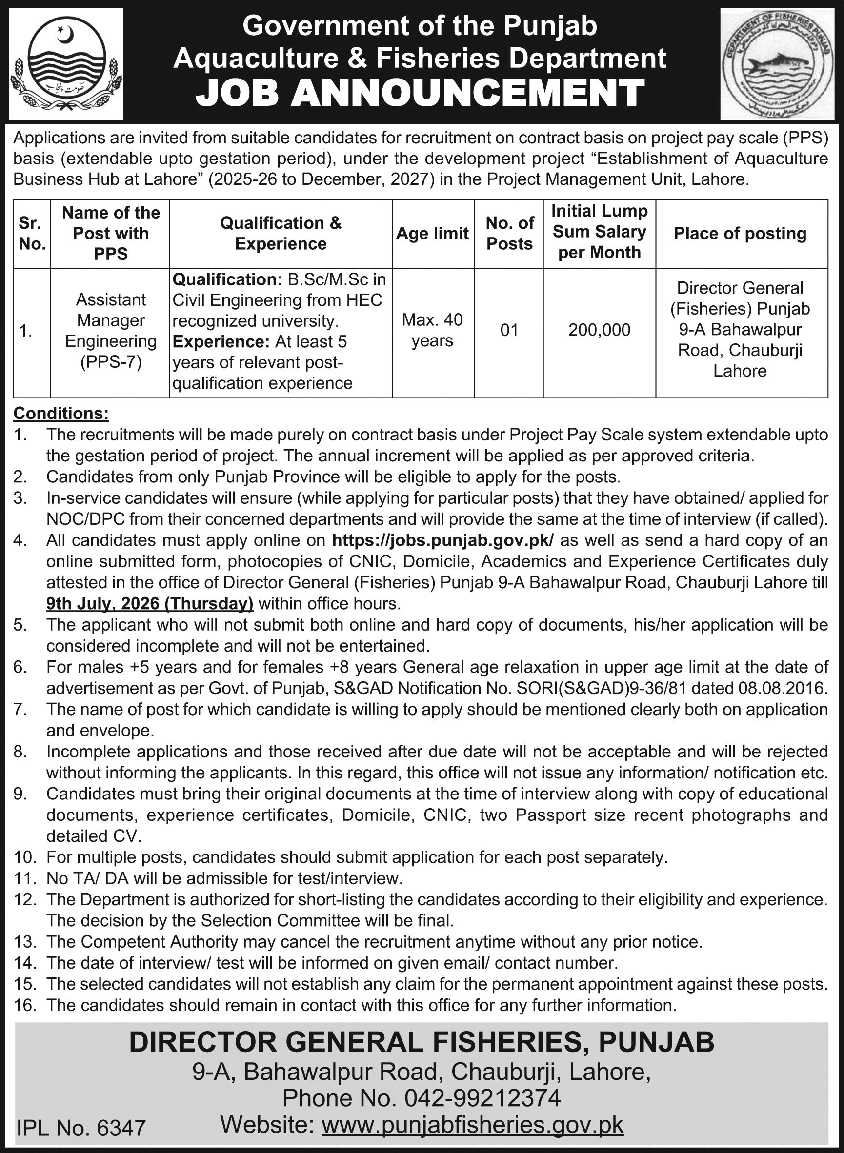 New Aquaculture & Fisheries Department Lahore Jobs June 2026