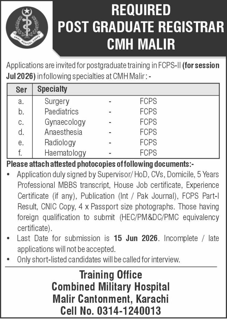 New CMH Jobs in Malir June 2026 Advertisement – Post Graduate Registrar Opportunities at CMH Malir