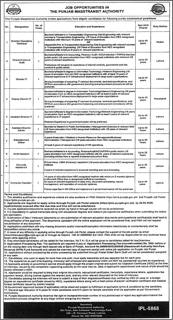 Punjab Mass Transit Authority Jobs in Lahore June 2026