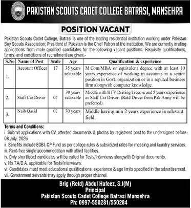 Pakistan Scouts Cadet College PSCC Jobs in Mansehra 2026