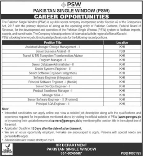 Pakistan Single Window PSW Jobs in Islamabad June 2026