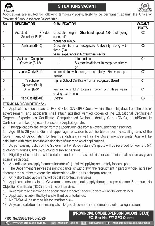Provincial Ombudsperson Jobs in Quetta June 2026
