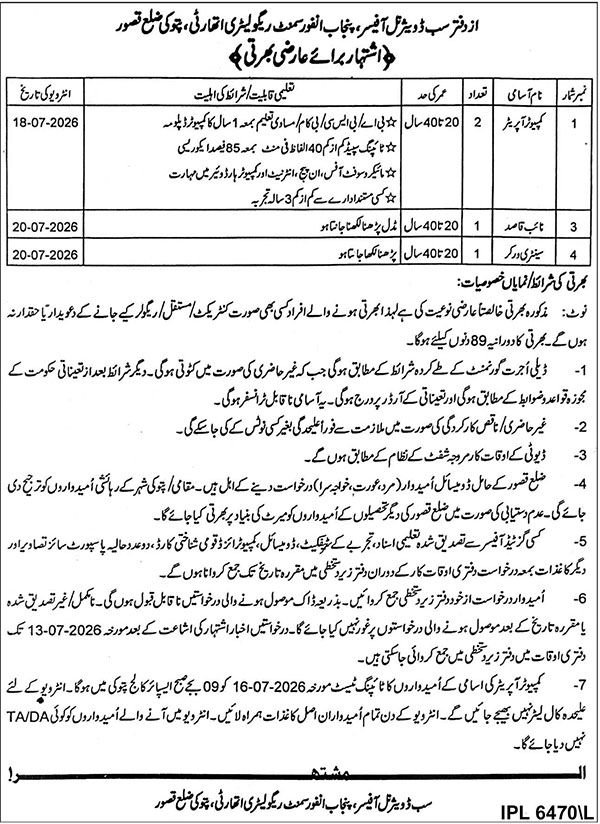 Punjab Enforcement And Regulatory Authority PERA Jobs in Kasur June 2026