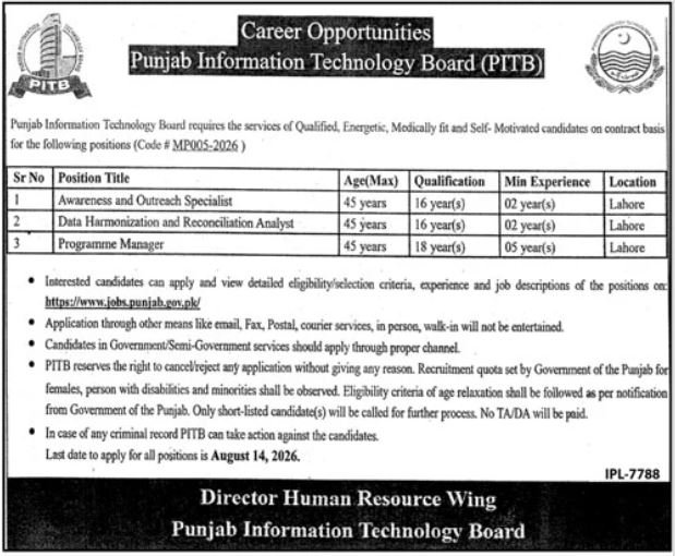 Punjab Information Technology Board PITB Lahore Jobs August 2026