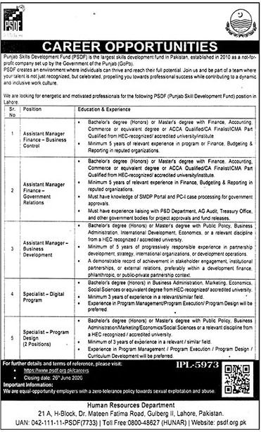 Punjab Skills Development Fund PSDF Jobs in Lahore June 2026 - Career Opportunities