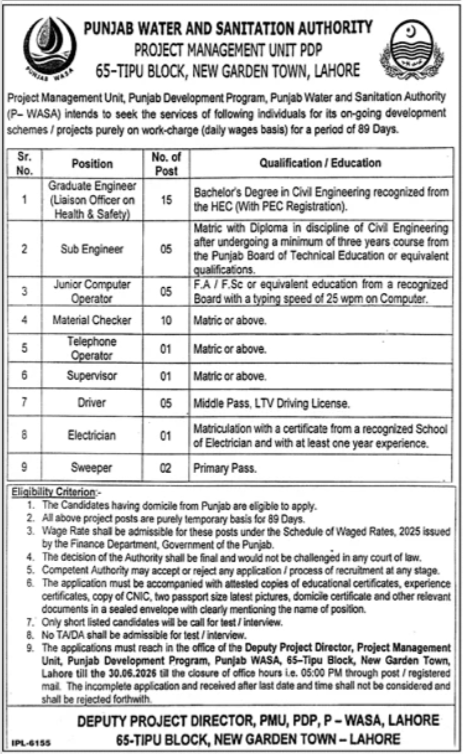 Punjab Water And Sanitation Authority WASA Jobs in Lahore June 2026